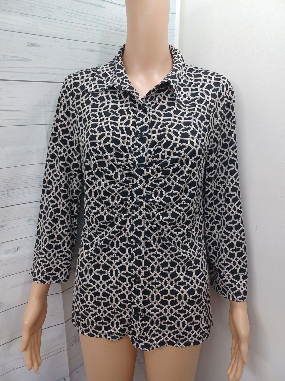 Laundry By Shelli Segal Stretchy Button Up Collared 3/4 Sleeve Dressy Blouse M